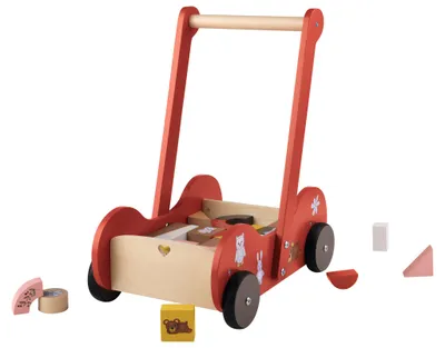Produktbild von PLAYTIVE Schiebewagen Puppenwagen Kinderwagen Spiel Waldtiere Holz rot 31 tlg.