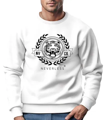 Produktbild von Sweatshirt Herren Schriftzug Oldschool Print Tiger Pullover Bedruckt Rundhals-Pullover Neverless® weiß-schwarz M
