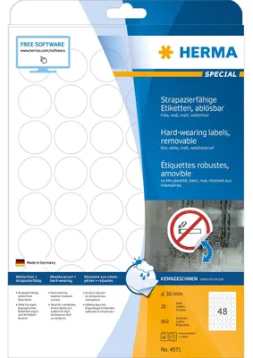 Obrázek produktu pro HERMA Special - matný - samolepicí, odnímatelné lepidlo - bílý - 30 mm kulatý 960 štítků (20 listů x 48)