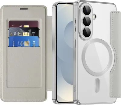 Produktbild von Klapphülle für Samsung Galaxy S26 Kompatibel mit Magsafe, Klar Überzug Kartenhalter Ledertasche mit Kameraschutz Silber
