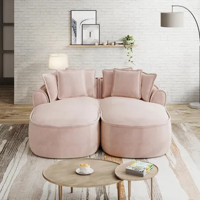 Produktbild von MODFU Multifunktionaler Schlafsofa mit linker & rechter Chaiselongue,Zweisitzer Sofa mit Armlehnen & Kissen,Loungesofa mit Rahmenlose,Chenille,Rosa