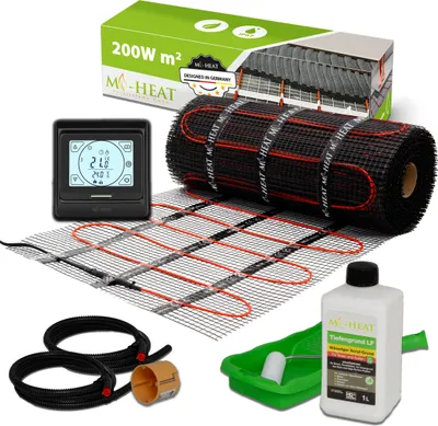 Produktbild von Elektrische Fußbodenheizung Dünnbettheizmatte 200Watt Komplett Set Thermostat Fliesen 3,5m²