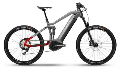 Image de HAIBIKE AllTrail 5, modèle 27,5 pouces, batterie 630 Wh, transmission 12 vitesses Deore, couleur gris, rouge et noir. Taille : S.