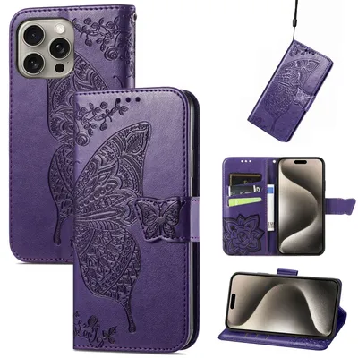 Produktbild von Für Apple iPhone 16 Pro Kunstleder Wallet Handy Tasche Schmetterling Design Hülle Etuis Lila
