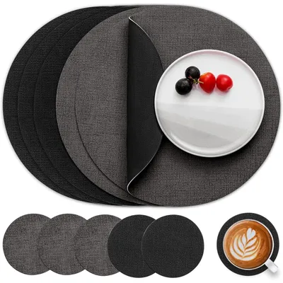 Productafbeelding van Tafelsets, vaatwasmachinebestendig, lederlook, rond, diameter 36 cm, set van 6, grijs/zwart