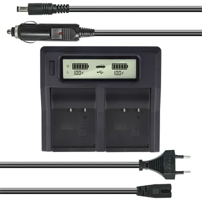 Produktbild von Dual Akku-Ladegerät kompatibel mit JVC BN-VM200U - mit USB-Anschluss, LCD-Display und Kfz-Ladekabel - Schnellladegerät