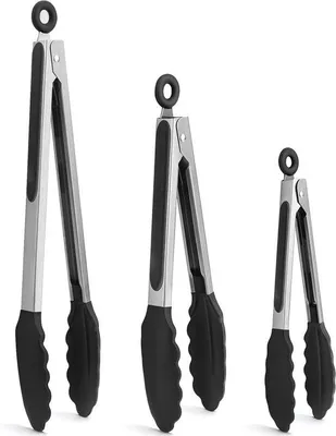 Productafbeelding van Set van 3 hittebestendige keukentangen met roestvrij staal en siliconen punt - kooktang voor koken en grillen - 18 cm, 23 cm en 30 cm - zwart