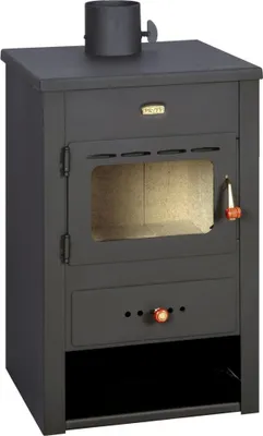 A black wood-burning stove with a glass door and a drawer at the bottom, set against a white background.