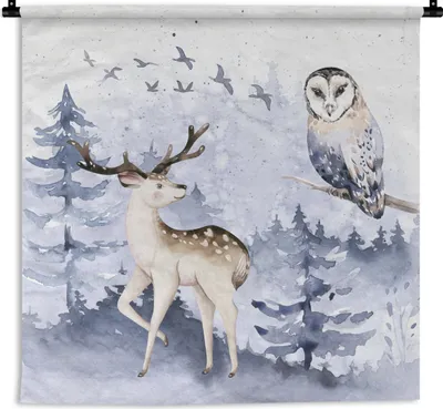 Produktbild von MuchoWow® Wandteppich Wandbehang Winter - Rotwild - Eule 150x150 cm Tapisserie Dekoration Wandtuch - Wohnaccessoires - Modernes