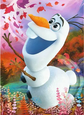 Olaf the snowman from Frozen is depicted in a whimsical autumn scene, surrounded by falling leaves and colorful foliage.