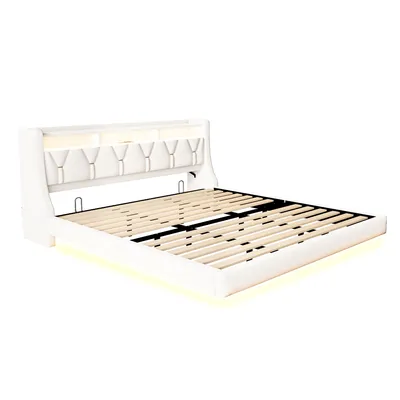 Produktbild von Flieks Polsterbett 180x200cm mit Ladefunktion, Jugendbett Doppelbett mit Led, Stauraumbett Holzbett mit Stauraumkopfteil, Samt, Beige