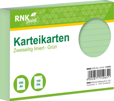 Productafbeelding van RNK Verlag: 115065 - Registerkaarten, formaat DIN A6, met lijntjes, groen, 100 stuks