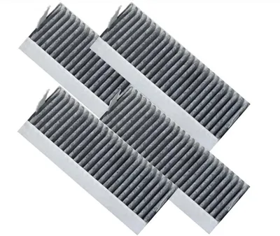 A set of four activated carbon cabin air filters arranged diagonally against a white background.
