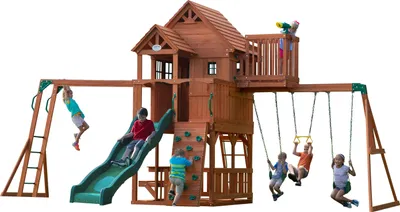 A wooden playground set with multiple activities for children.