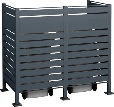 A dark gray metal bin enclosure for two trash cans, shown from the front.