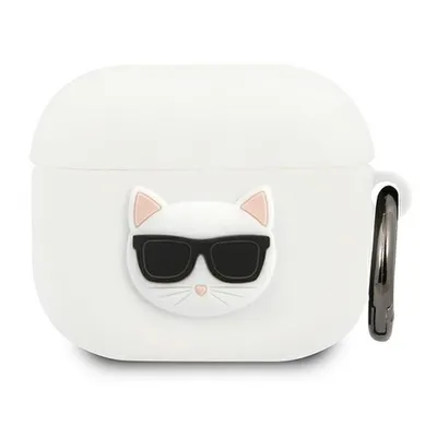A white AirPods 3 case with a Choupette cat design.