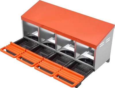 Obrázok produktu pre Hniezdiace boxy pre kurčatá, 4 priehradky, kovové boxy na znášanie vajec s ochrannými viečkami na zber, vysúvací hniezdiaci box, jednoduchá montáž, ideálny pre sliepky, kačky, kurčatá a inú hydinu, oranžová farba