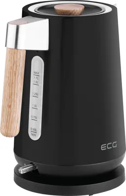 A black electric kettle with a wooden handle and lid accent, shown on a white background.