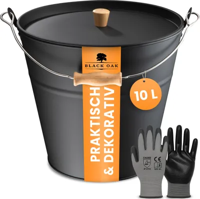 Produktbild von BLACK OAK Ascheeimer FUEGO 10L – Schwarz mit Deckel, Holzgriff & Handschuhen – Feuerfest & robust