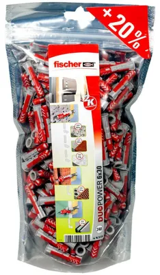 Produktbild von Fischer 536382, Dübel, Autoklaven-Porenbeton, Mauerziegel, Beton, Gipsblock, Gipsfaserplatten, Gipskarton, Nylon, Grau, Rot, 6 mm, 30 mm