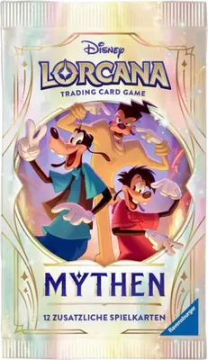 A booster pack for the Disney Lorcana Trading Card Game, featuring characters Goofy, Max Goof, and Goofy's father (also Goofy).