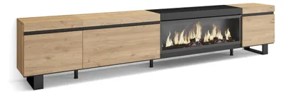TV-Lowboard-Set mit LED-Kamin, 288x57x35 cm, Eiche/Schwarz