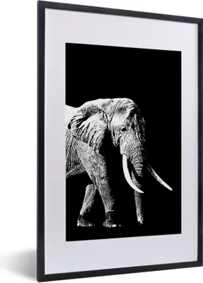 Produktbild von MuchoWow® Gerahmtes Poster Elefant vor schwarzem Hintergrund - schwarz und weiß 40x60 cm - Poster mit Schwarzem Bilderrahmen Wandposter Rahmen Foto Bilder - Poster in Rahmen