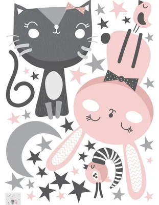Produktbild von Wandtattoos – Katze, Hase und Vögel zwischen den Sternen – Selbstklebende Aufkleber – 55 x 40 cm