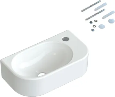 Produktbild von AQUABATOS Hängewaschbecken Keramik Waschtisch Handwaschbecken, mit Hahnloch Rechts und Stockschrauben, Weiß, Oval 40 x 21.5 x 10.5 cm