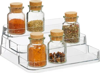 Produktbild von Relaxdays Gewürzorganizer, 3 Etagen, Gewürztreppe für Arbeitsfläche, HxBxT: 10,5 x 26 x 24 cm, Kunststoff, transparent