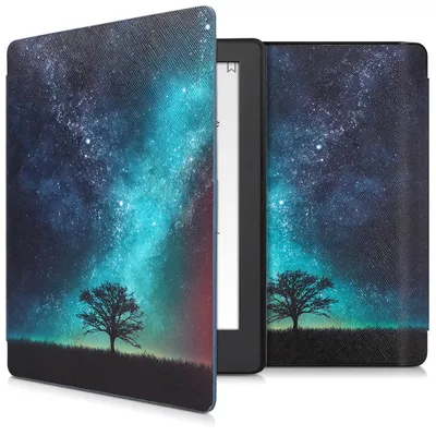 Produktbild von kwmobile Schutzhülle für Kobo Aura H2O Edition 2 Hülle - eReader Flip Case mit Auto Sleep Funktion - Galaxie Baum Wiese mit Blau Grau Schwarz