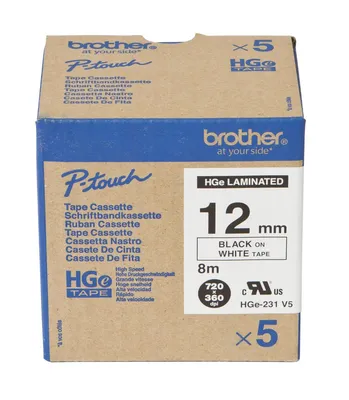 Immagine prodotto di Brother HGE231V5 - Nastro laminato - nero su bianco - rotolo (1,2 cm x 8 m) - 5 rotoli - per P-Touch PT-9500pc, PT-9700PC, PT-9800PCN (HGE231V5)