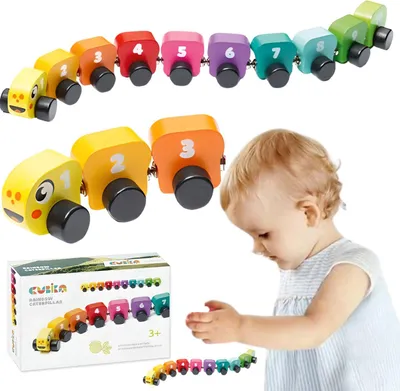 Produktbild von Regenwurmzug auf Rädern, Holzblöcke mit Regenbogen, Formen, Zahlen