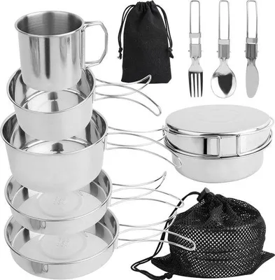 Image de Set de cuisine de voyage, 10 pièces, set de plein air, en acier brut, pour 2 personnes, comprenant un couteau pliant, une fourchette, une cuillère, ainsi que des ustensiles de cuisine pour le pique-nique et le camping.