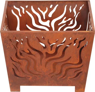 A square fire pit with a cut-out tree design.