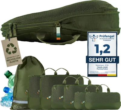 Immagine prodotto di TRAVEL DUDE Set di cubi da viaggio con compressione realizzati con bottiglie di plastica riciclate | Cubi da viaggio leggeri | Set di borse da viaggio (verde bosco, 7 pezzi)
