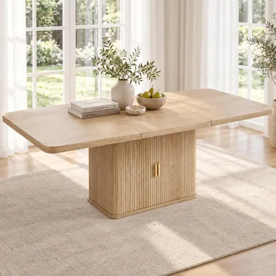 Image de Table extensible pour repas, dimensions 150/200 x 90 cm, pour 6 à 8 personnes, avec espace de rangement, finition chêne