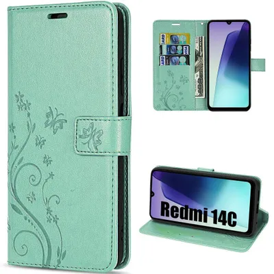 Image de Coque pour Xiaomi Redmi 14C, Protection Rabat Anti-Rayures Antichoc Synthécuir Motif Papillon Vert