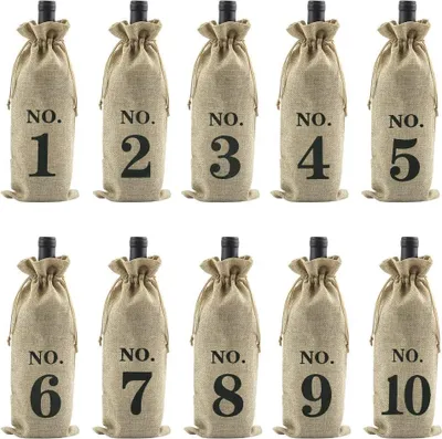 Produktbild von 10 Stück Weinflaschen Taschen aus Jute - Wiederverwendbare Wein Geschenkbeutel mit Zugband für Weihnachten Geburtstag Valentinstag - Hellbraun