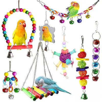 Produktbild von Hängendes Glöckchen-Spielzeug für Vogelkäfige, Hängematte, Schaukel, Holzstange und Kauspielzeug für Wellensittiche, Sittiche, Unzertrennliche, Finken und Beos