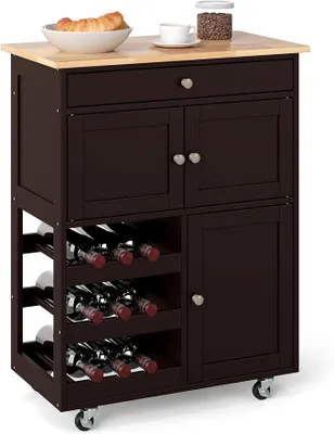Imagen del producto de Carrito de cocina con ruedas, carro de servicio con cajones y estante para vinos de 3 niveles y superficie de trabajo, carro auxiliar de cocina, estantería de cocina, armario rodante, isla de cocina, madera (marrón)