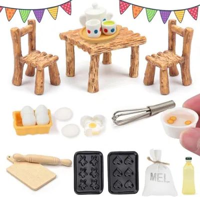 Produktbild von Miniatur Küche Puppenhaus Zubehör Tisch Stühle Set Eier Teetassen Nudelholz Mehlbeutel