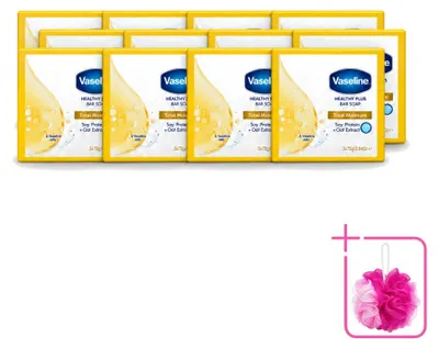 Imagen del producto de 12 unidades de jabón Vaseline Total Moisture Healthy Plus, 75 g cada uno. Paquete económico
