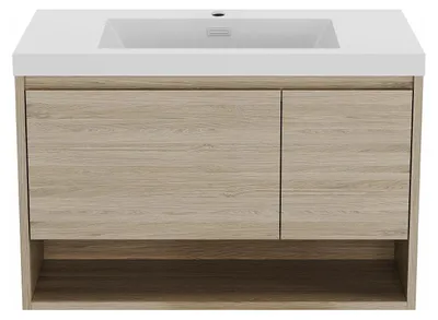 Produktbild von Waschbeckenunterschrank hängend mit Einzelwaschbecken - Holzfarben hell - 90 cm - PUJUKA