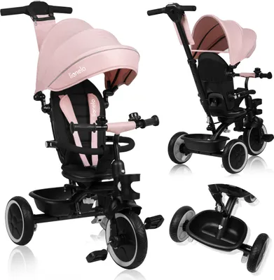 Obrázek produktu pro Multifunkční tříkolka a kočárek Lionelo Berry od 9 měsíců do 5 let do 25 kg VelkáPolyuretankola, sedadlo tříkolky otočné o 360° Růžová barva