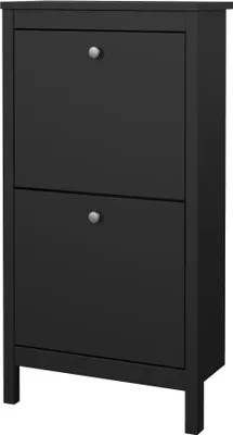 A black shoe cabinet with two flip-down doors and silver knobs.