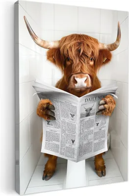 Produktbild von MuchoWow® - Leinwandbilder - Schottischer Highlander - Tier - Zeitung - Toilette, Wandbild, Wanddeko Bilder Wohnzimmer, 40x60 cm