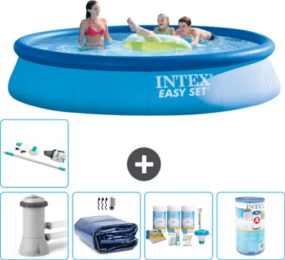 Produktbild von Intex runder aufblasbarer Easy Set-Schwimmpool – 396 x 84 cm – Blau – inklusive Pumpe Sonnensegel - Wartungspaket - Filter - Staubsauger