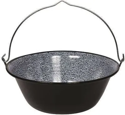A black enamel pot with a wire handle is shown against a white background.