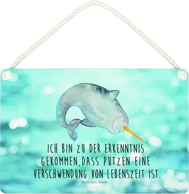 Produktbild von Mr. & Mrs. Panda Schild Narwal DIN A4 - Oceanblue - Geschenk, Wal, holzbild, Meer, Putzen, Kinderzimmer, kleine aufmerksamkeit, Türschild, wandtafel, Hausfrau, Aufräumen